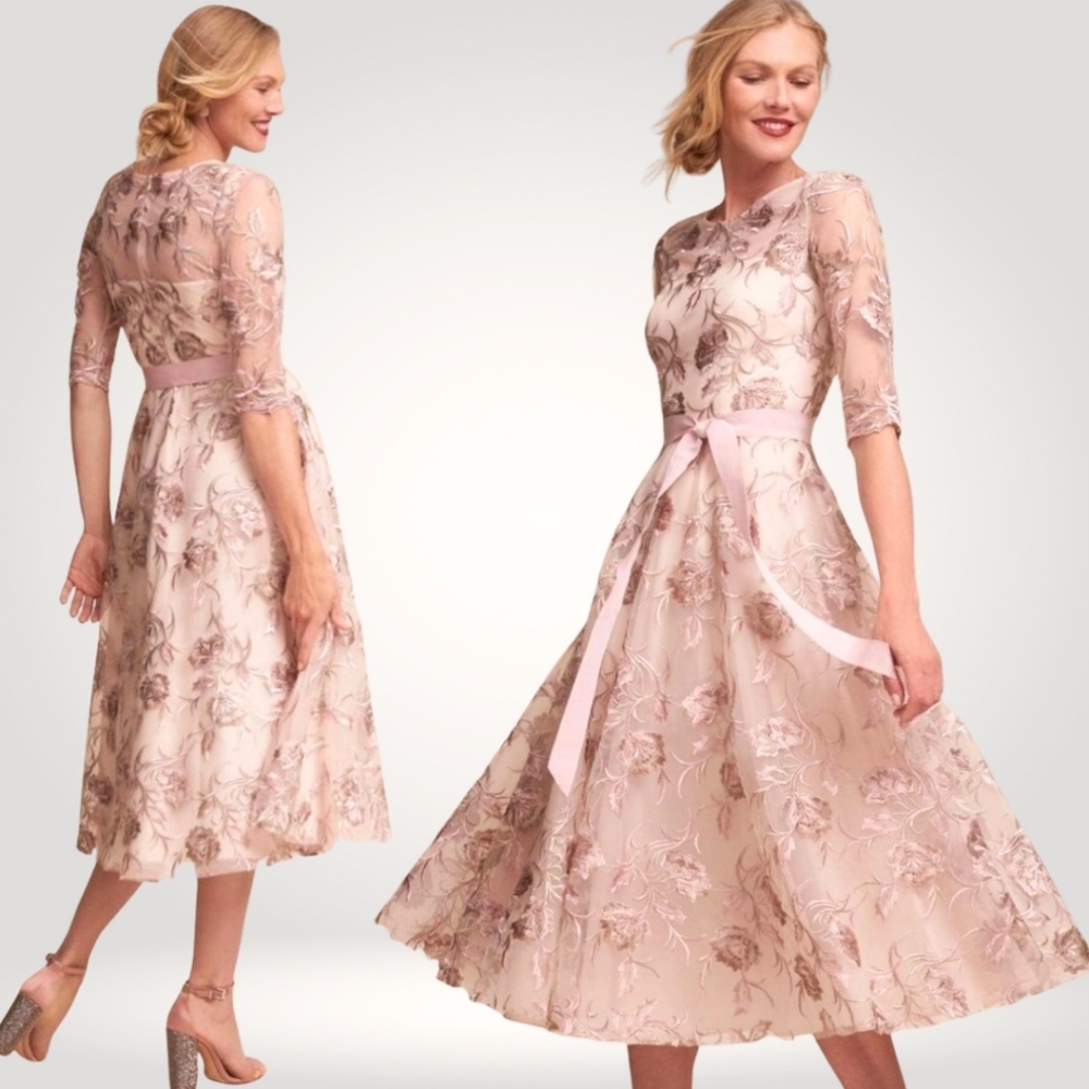 Anthropologie Blush Pink Floral Embroidered Midi Dress